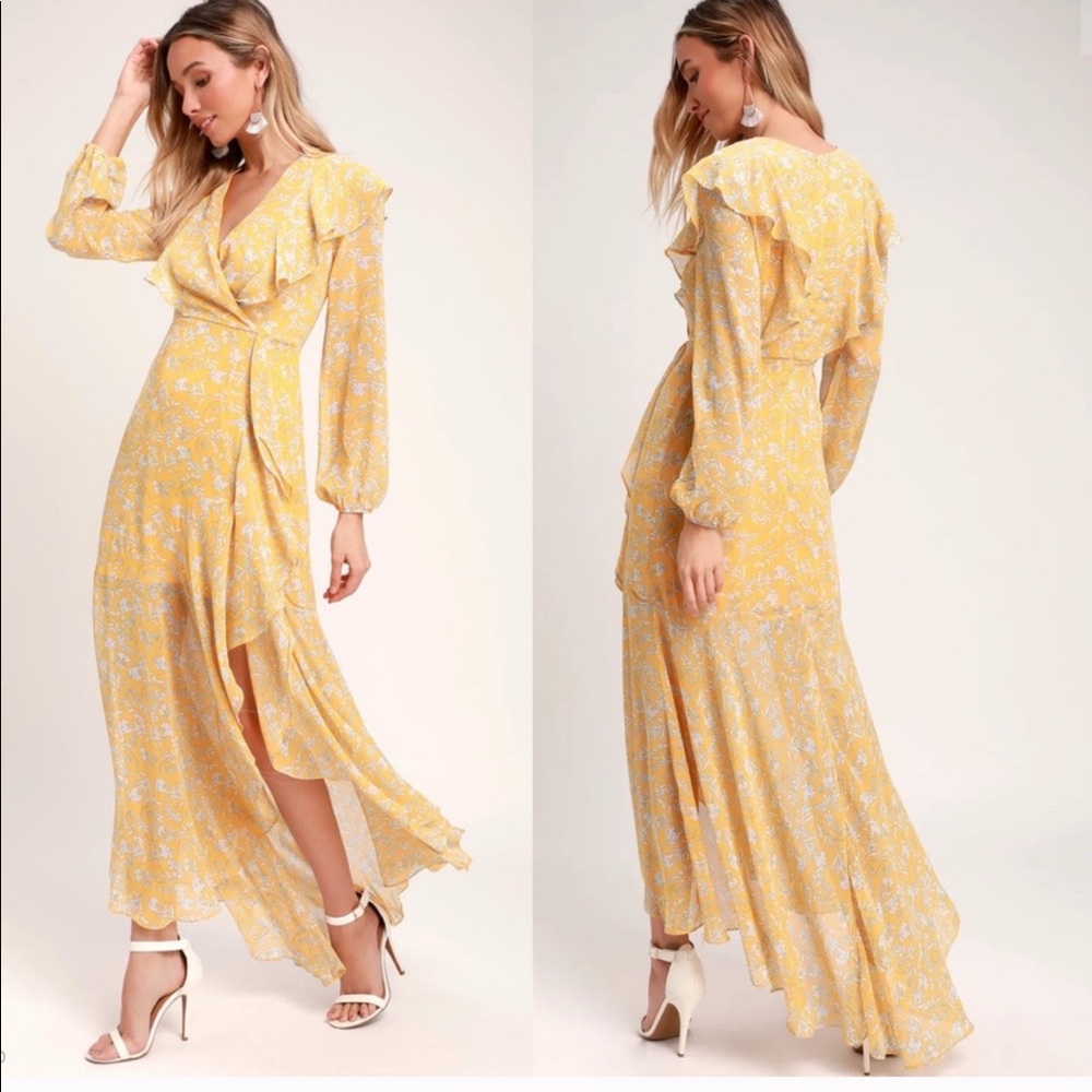 Lulu’s Maybel Yellow Floral ruffled maxi dress